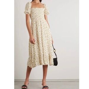 Reformation size L Meadow midi dress square neck white yellow floral smocked